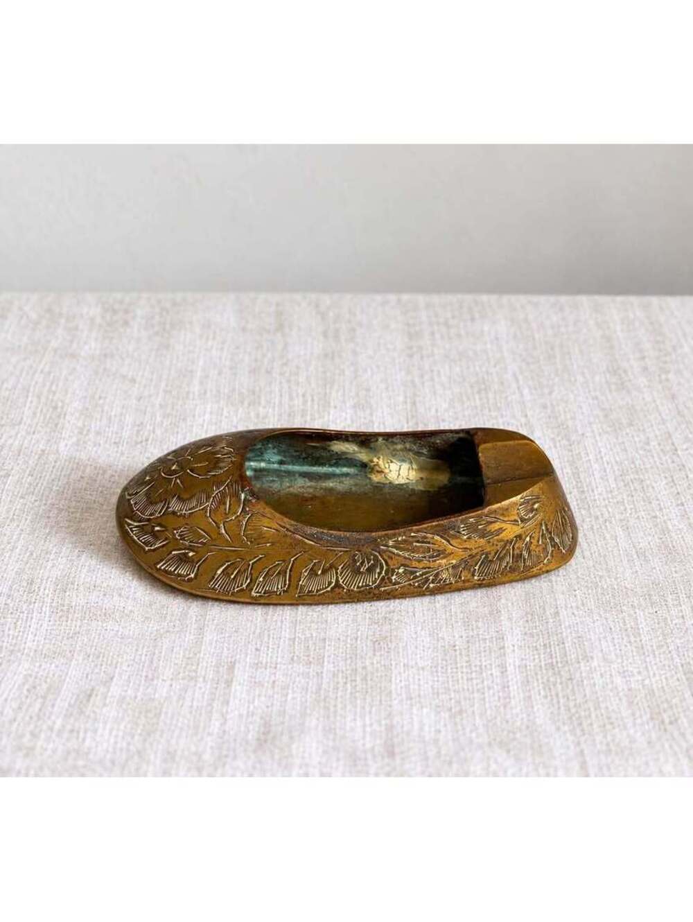 Vintage Etched Brass Slipper Shoe Ashtray 3” Mini Floral Trinket Dish